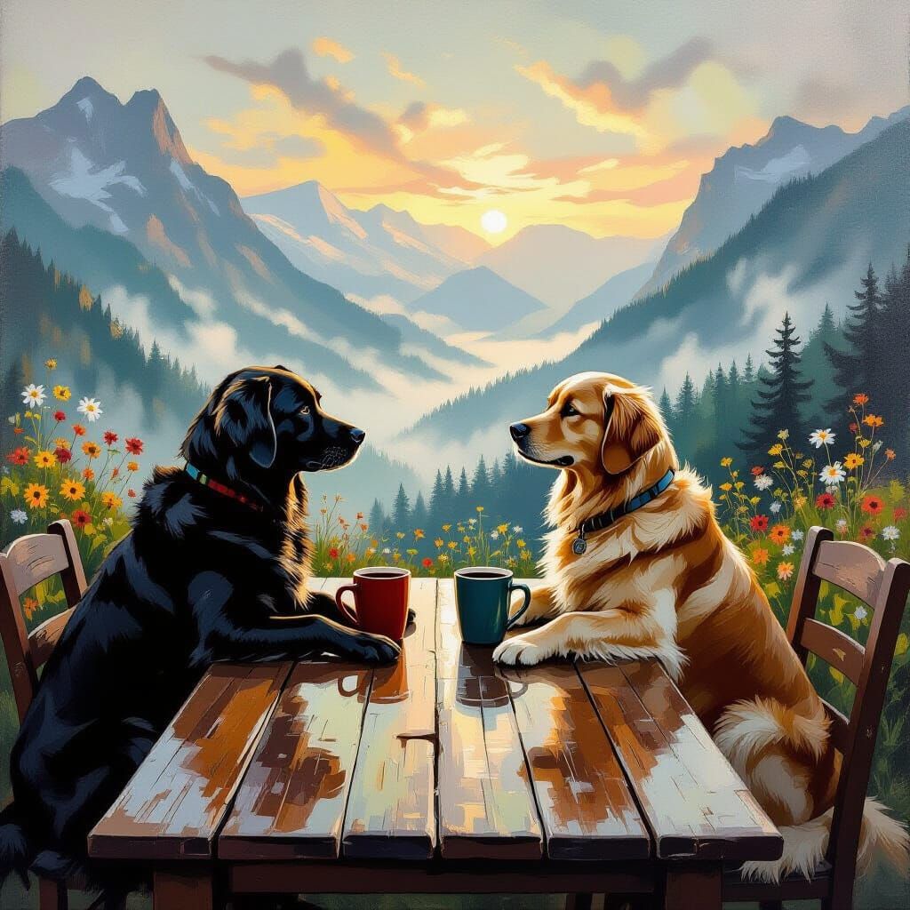 Labrador and Golden Retriever Enjoy Coffee with Mountain Vie...