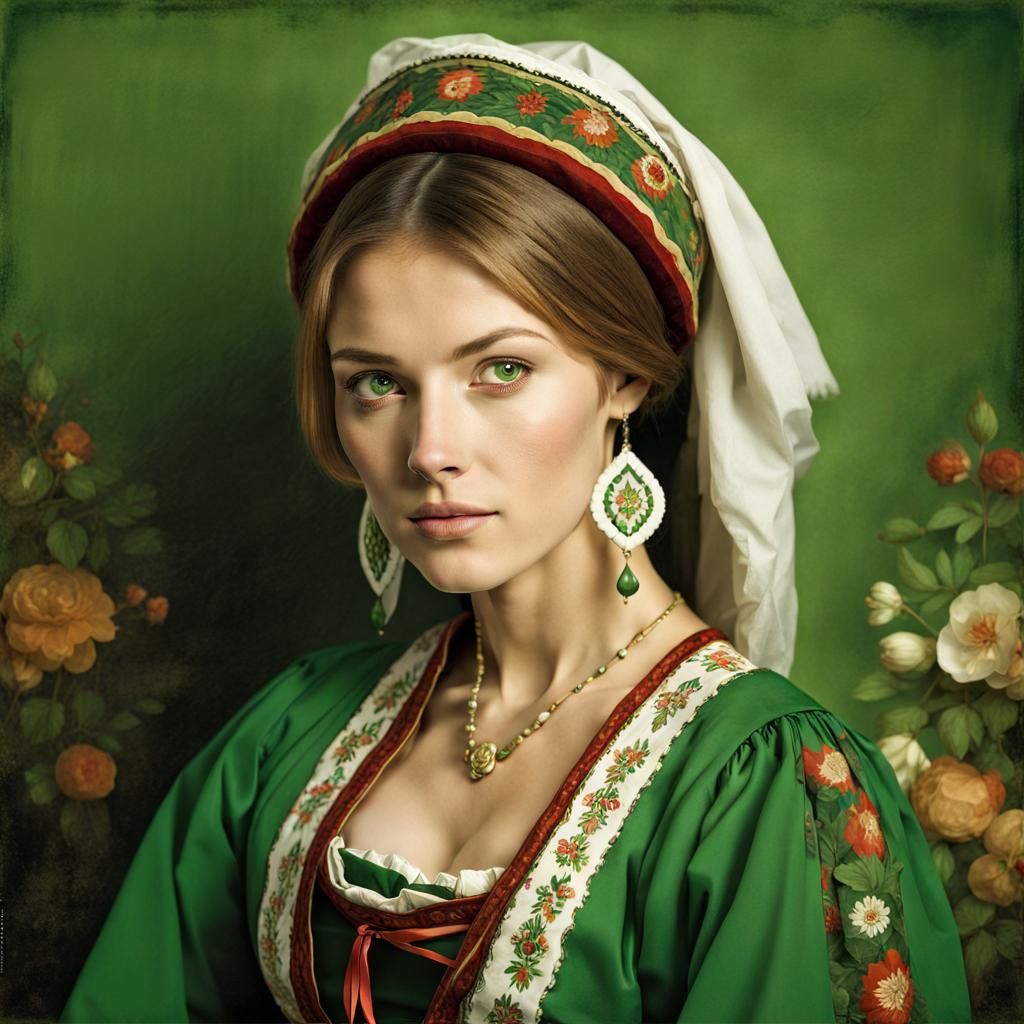 Young Woman in Traditional Bulgarian Attire Amidst Green Ton...
