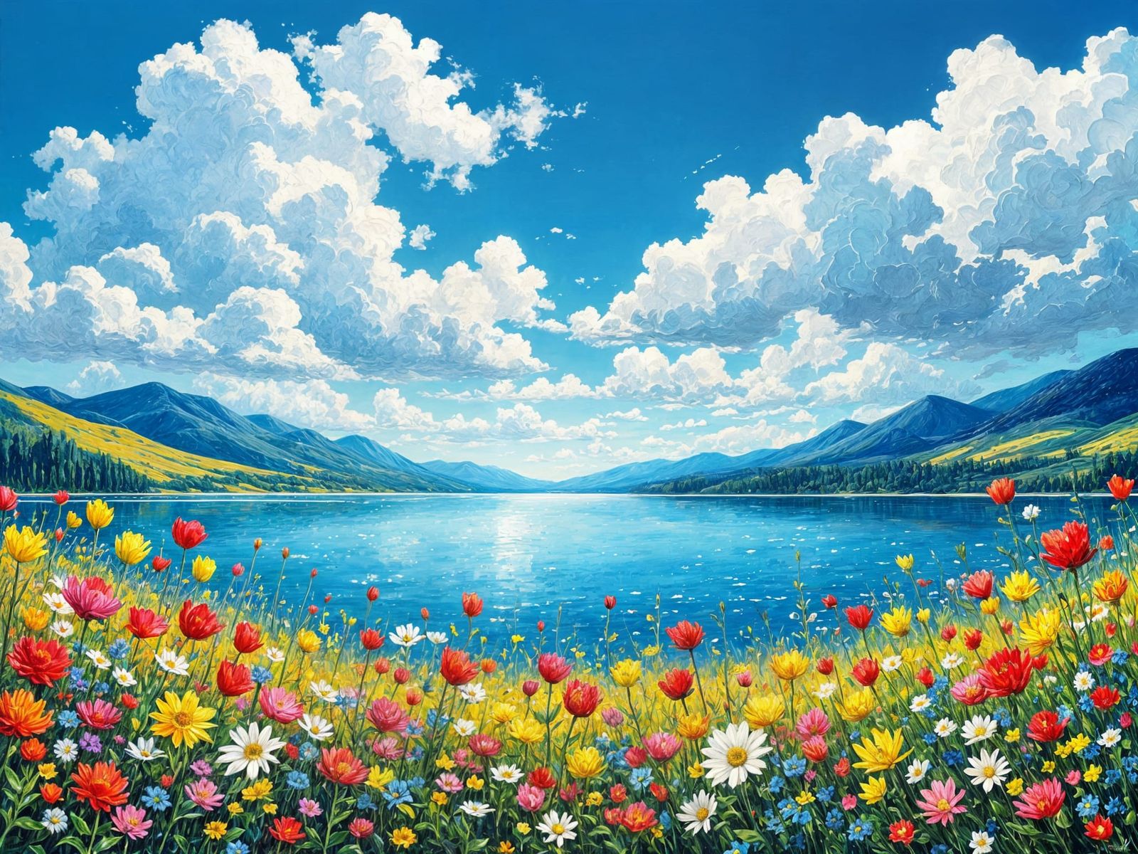 Vibrant Impasto Landscape with Blue Lake and Flowers