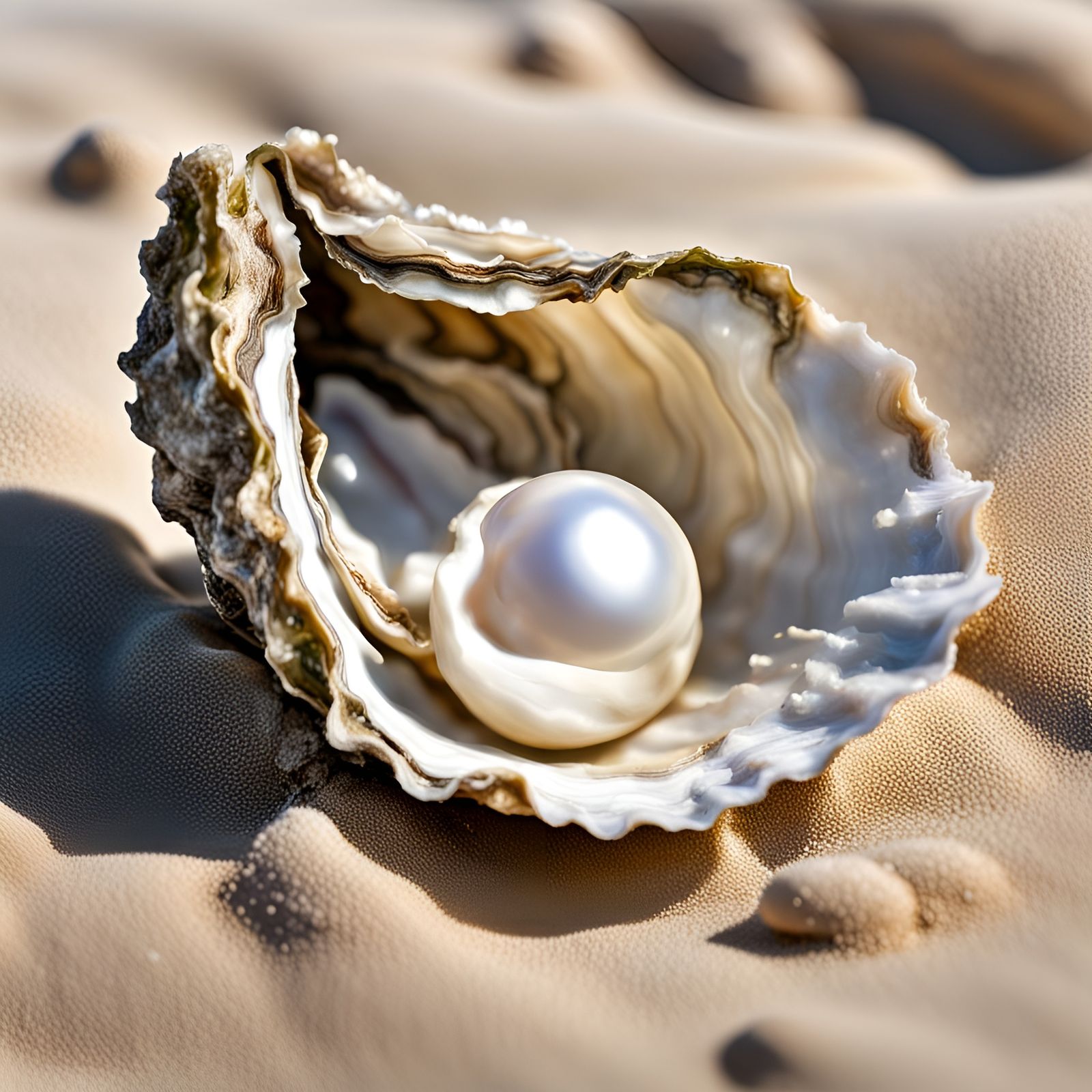 Surreal Oyster Shell Reveals Shimmering Pearl on Sandy Beach