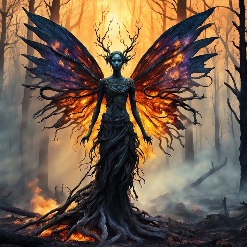 Fiery Ash Fairy in Charred Forest, Digital Art