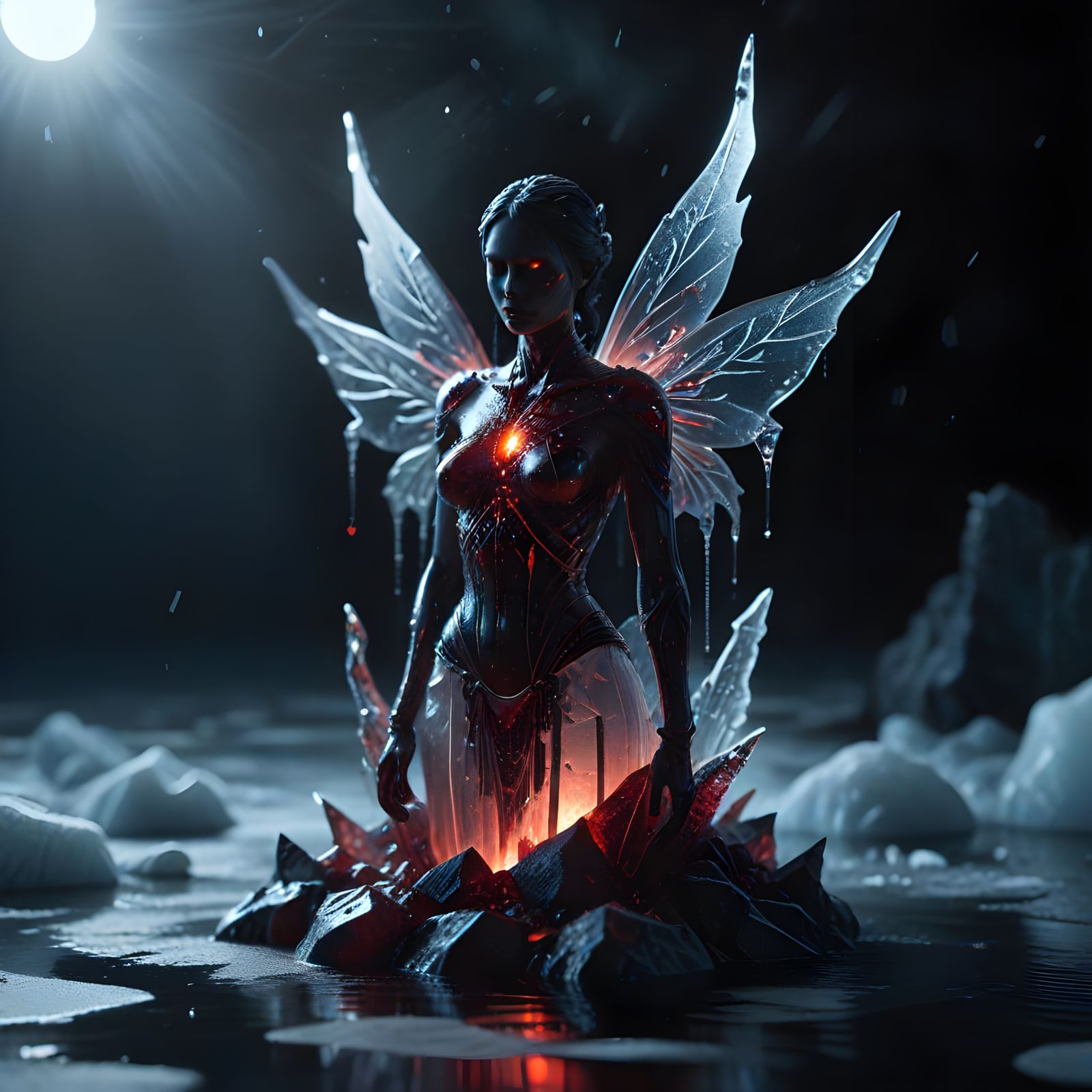 Ethereal Ice Fairy Bleeds Scarlet Tears in Surreal Moonlight