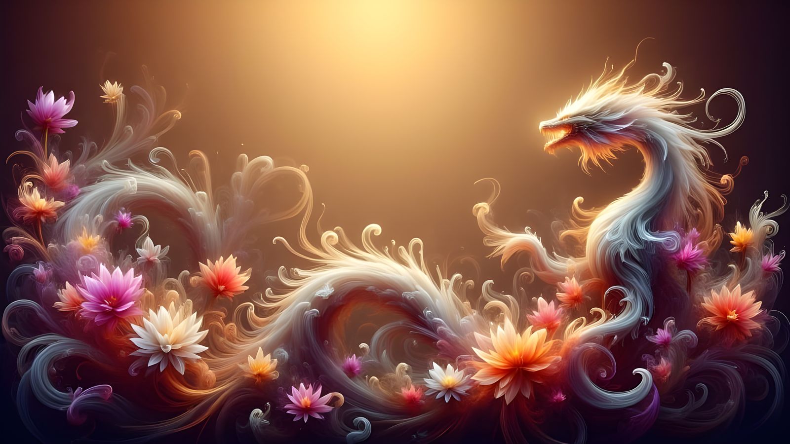 Ethereal Magic: A White Dragon in Flight Amidst Blooming Flo...