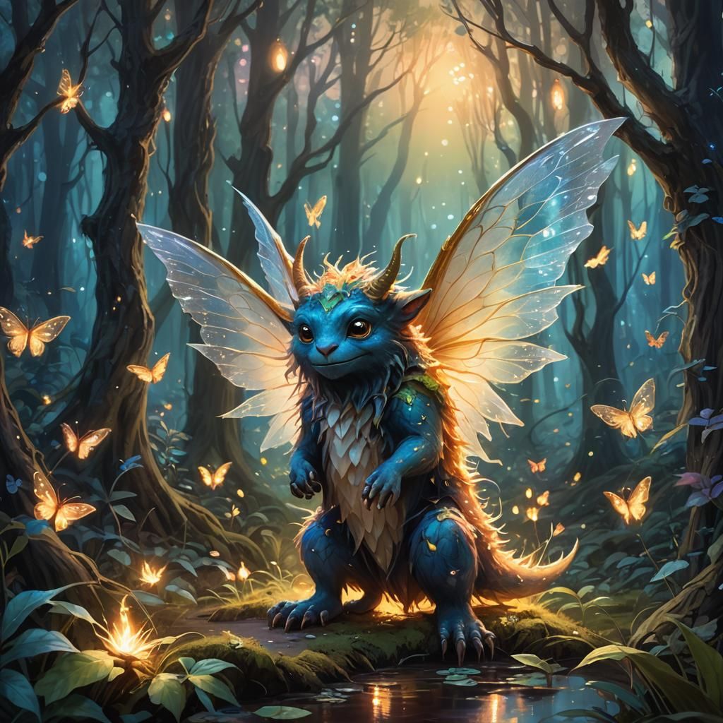 Ethereal Fantasy Monster Interacts with Whimsical Fairies in...