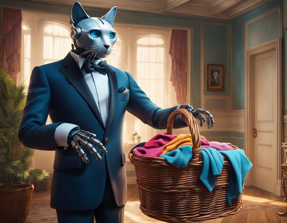 Robot Cat Doing Laundry