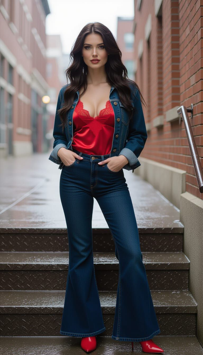 Woman in Red Top and Boots in Pouring Rain