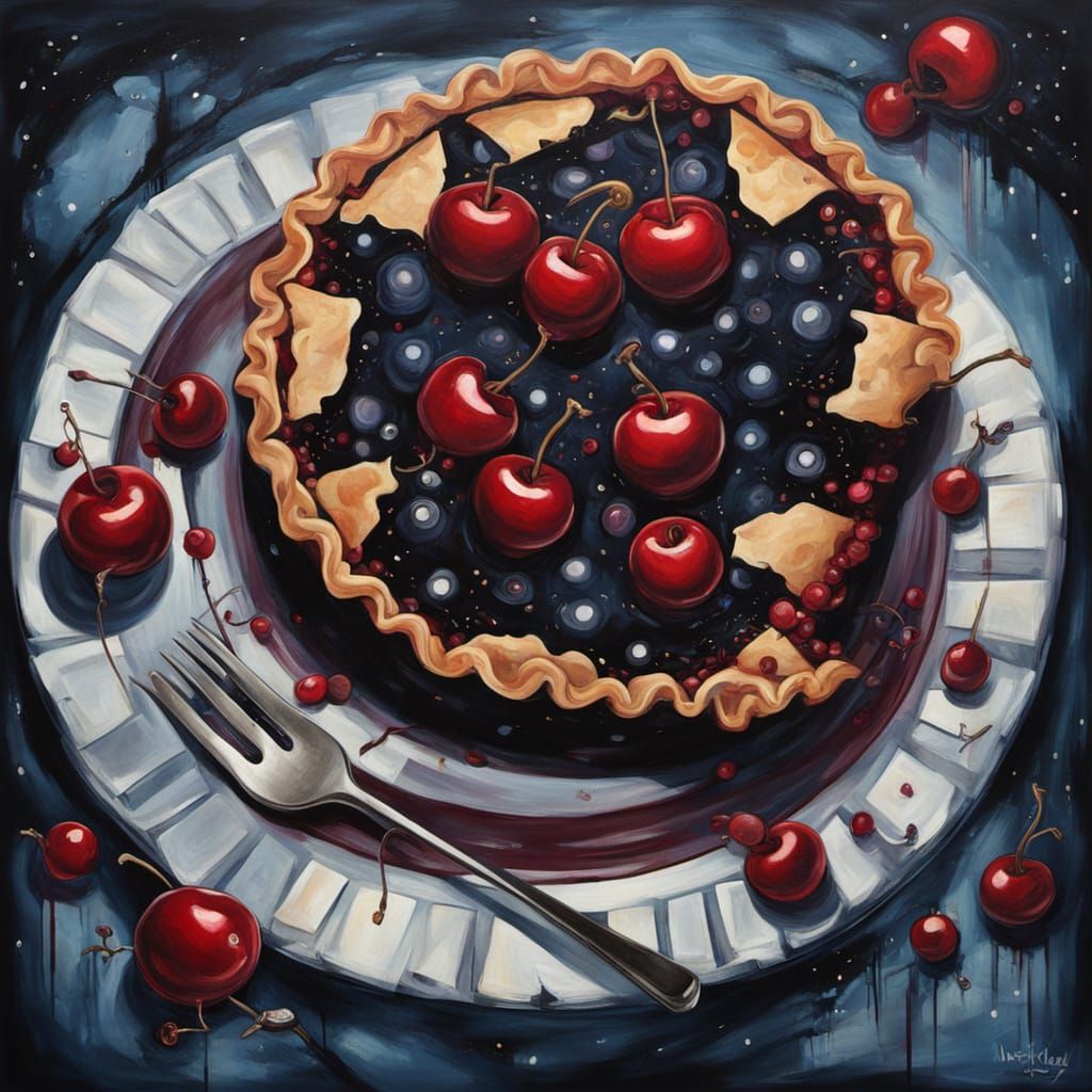 Surreal Midnight Cherry Pie Painting