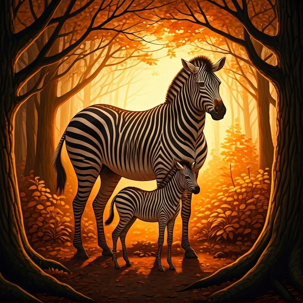 Striking Vintage Watercolor of a Majestic Family Zebra in Au...