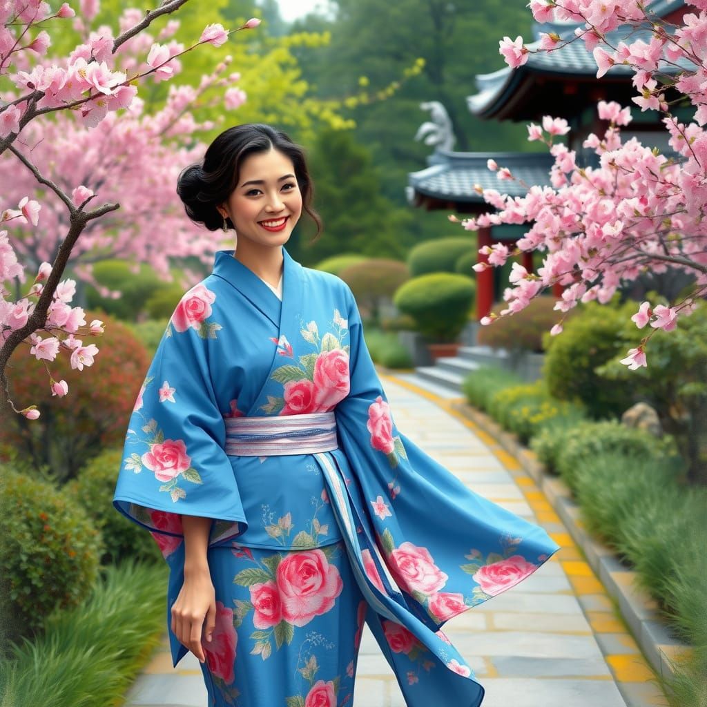 Serenely Smiling Woman Strolls Through a Japanese Garden