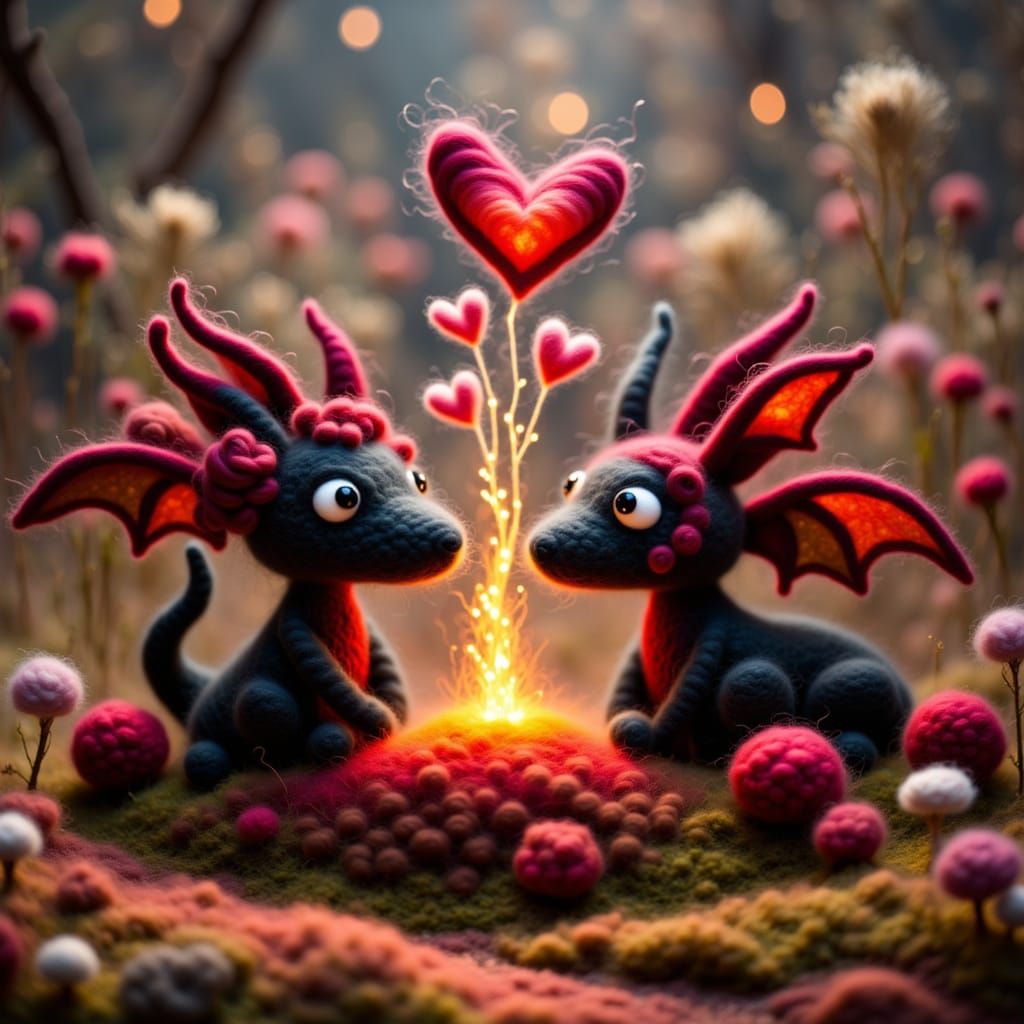 Romantic Lava Creatures with Volcano Hearts in Felted Wool S...