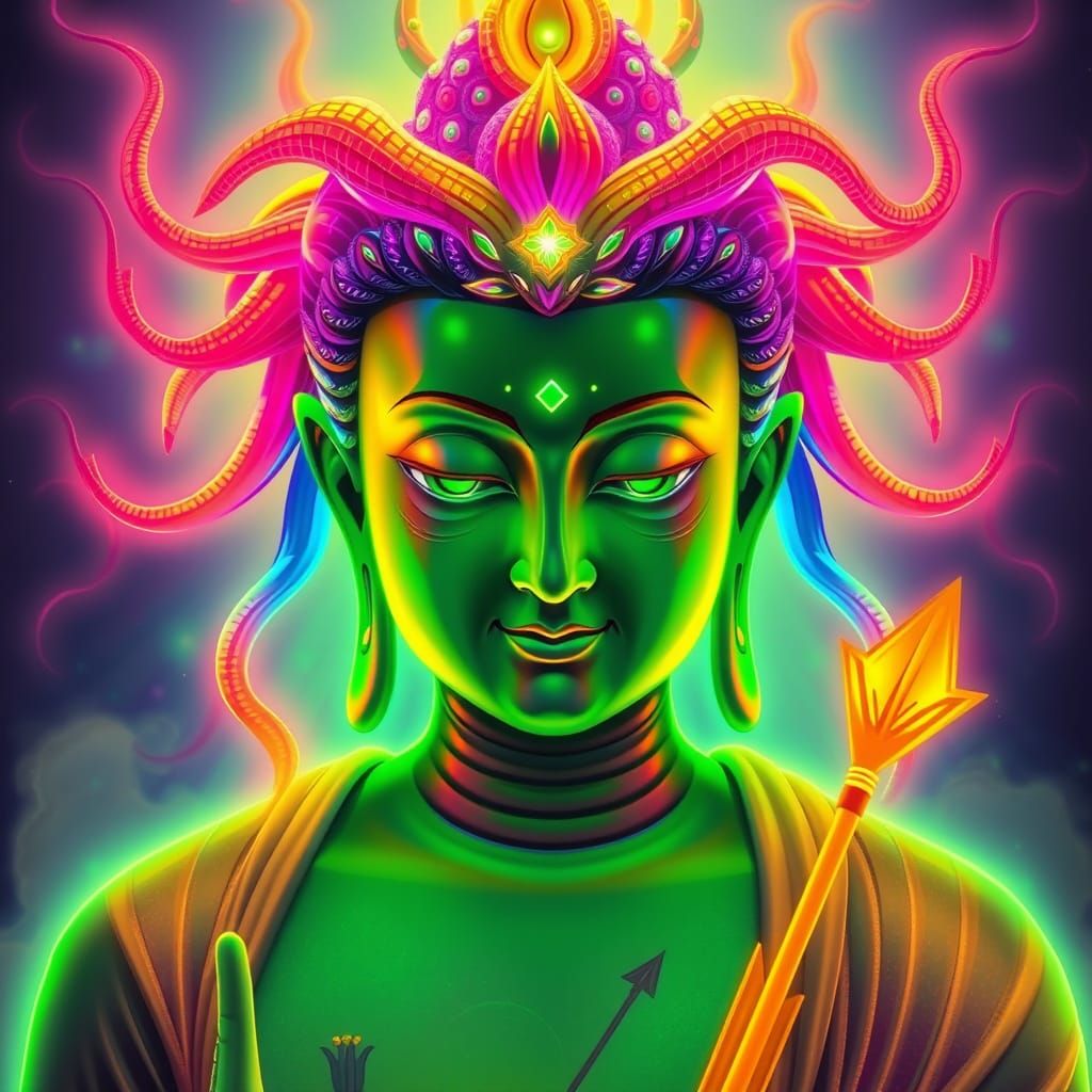 Rainbow Buddha with Neon Glow in Surrealist Style