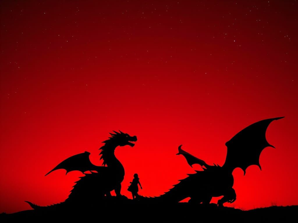 Two black metallic dragon silhouettes in the red night sky