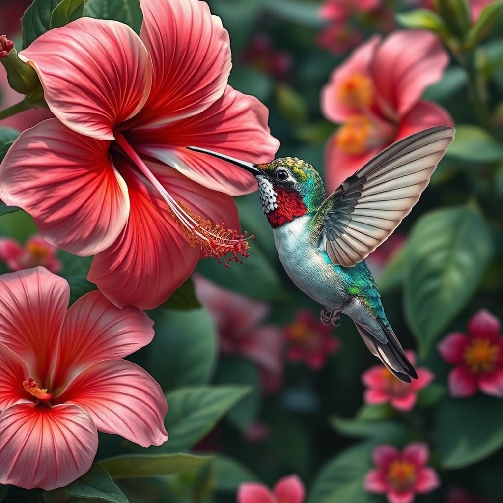 Hummingbird Sips Nectar in Hyperrealistic Tropical Garden