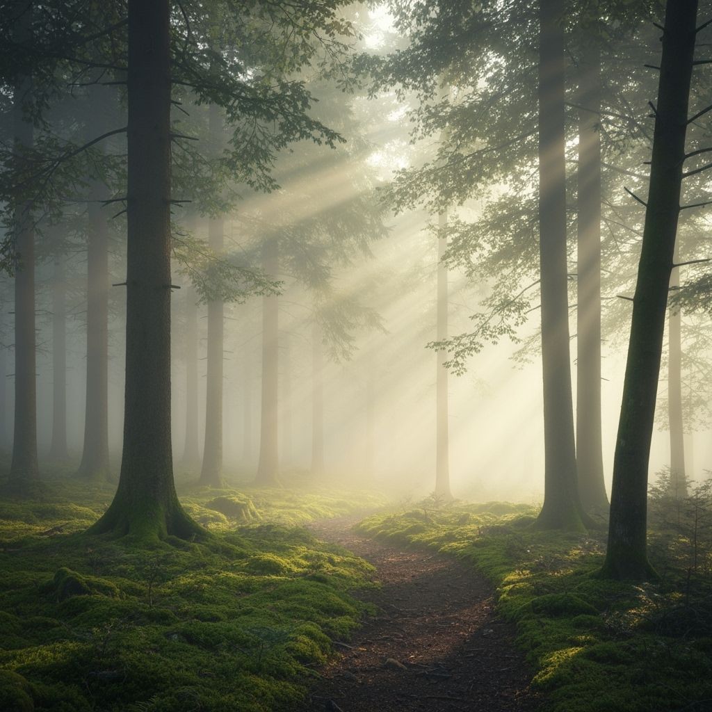 Ethereal Forest Path in Dawn Fog