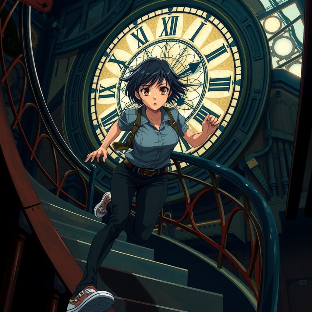 Anime Woman Sprints Clock Tower Staircase in Dynamic, Kineti...