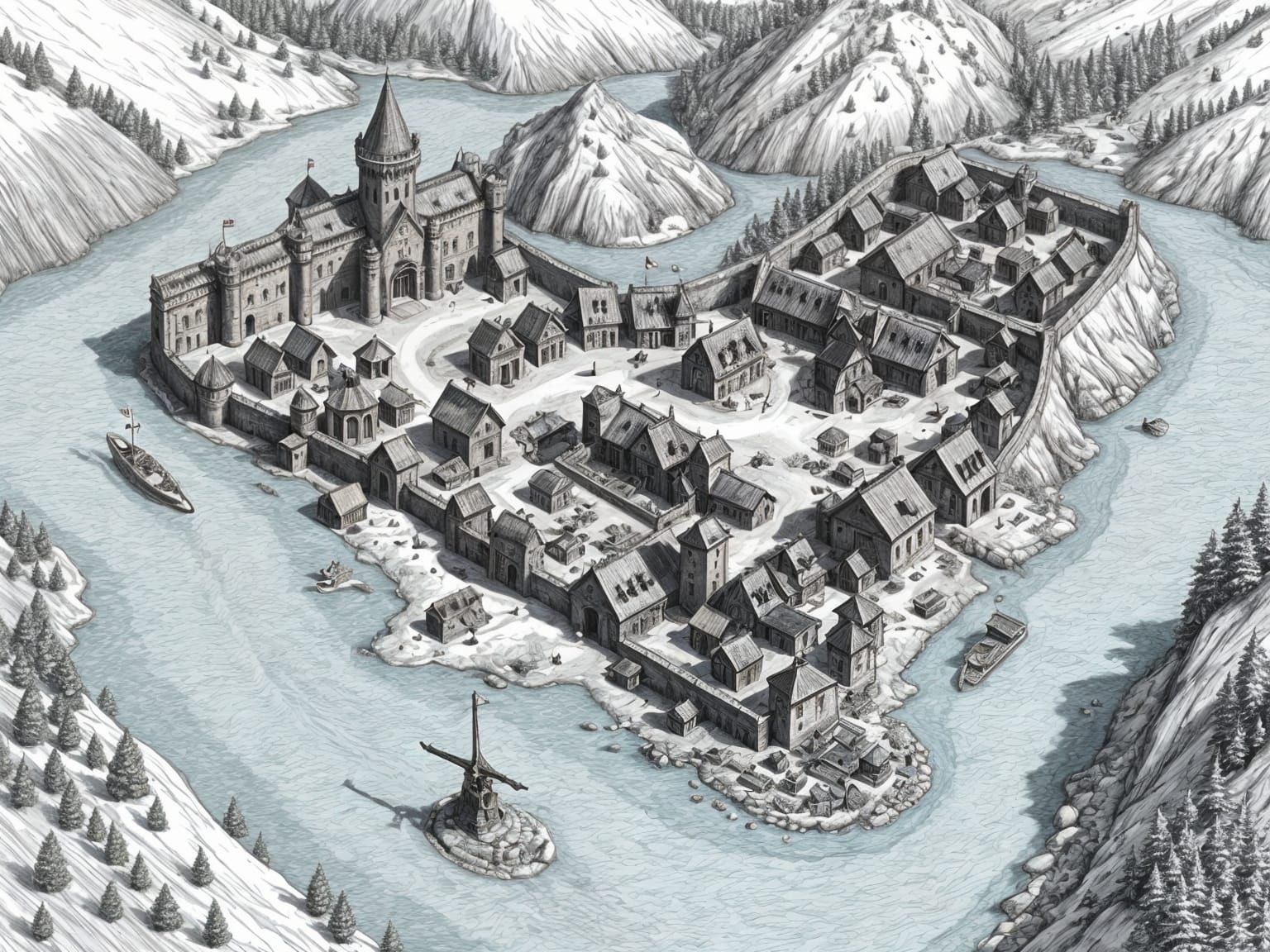 Medieval Village: Axonometric Exploded Pen and Ink Drawing