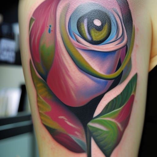 Rose Tattoo with Eyes in Expressionist Oil Painting Style