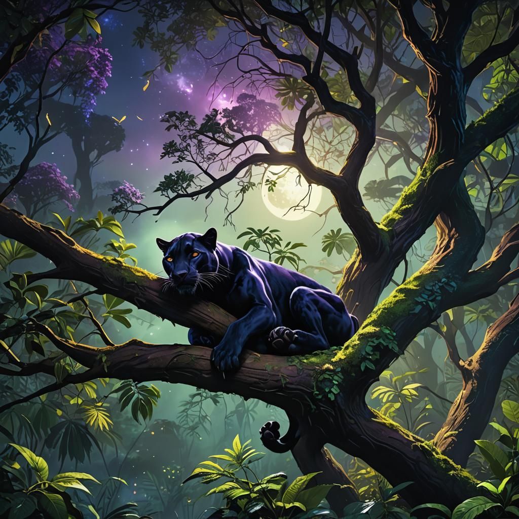 Vibrant Fantasy Panther in Moonlit Rainforest