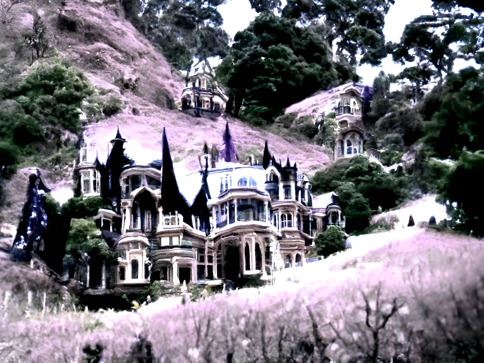 Ethereal Gothic Victorian Mansion Illuminated by Moonlight