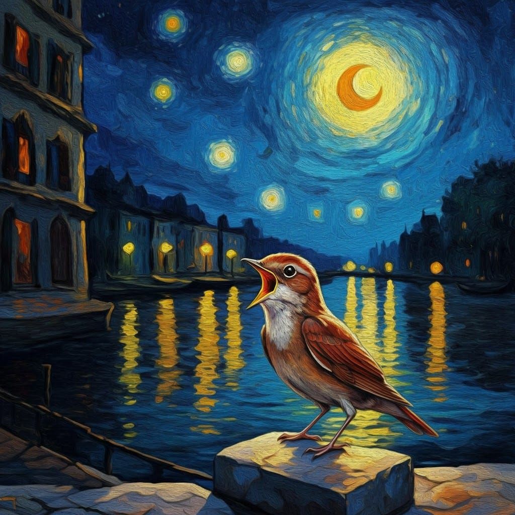 Expressive Nightingale Serenade Under Starry Midnight Skies