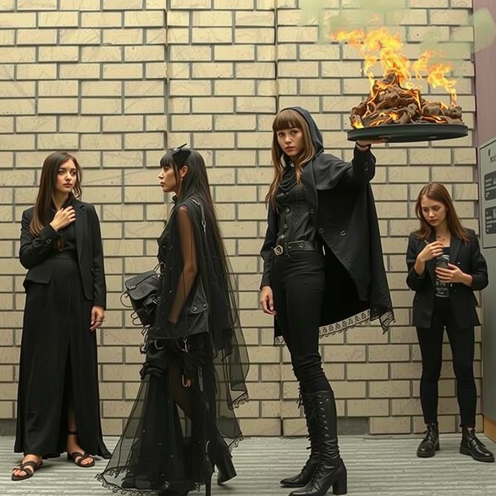 Gothic Model Amidst Fiery Coffee Shop