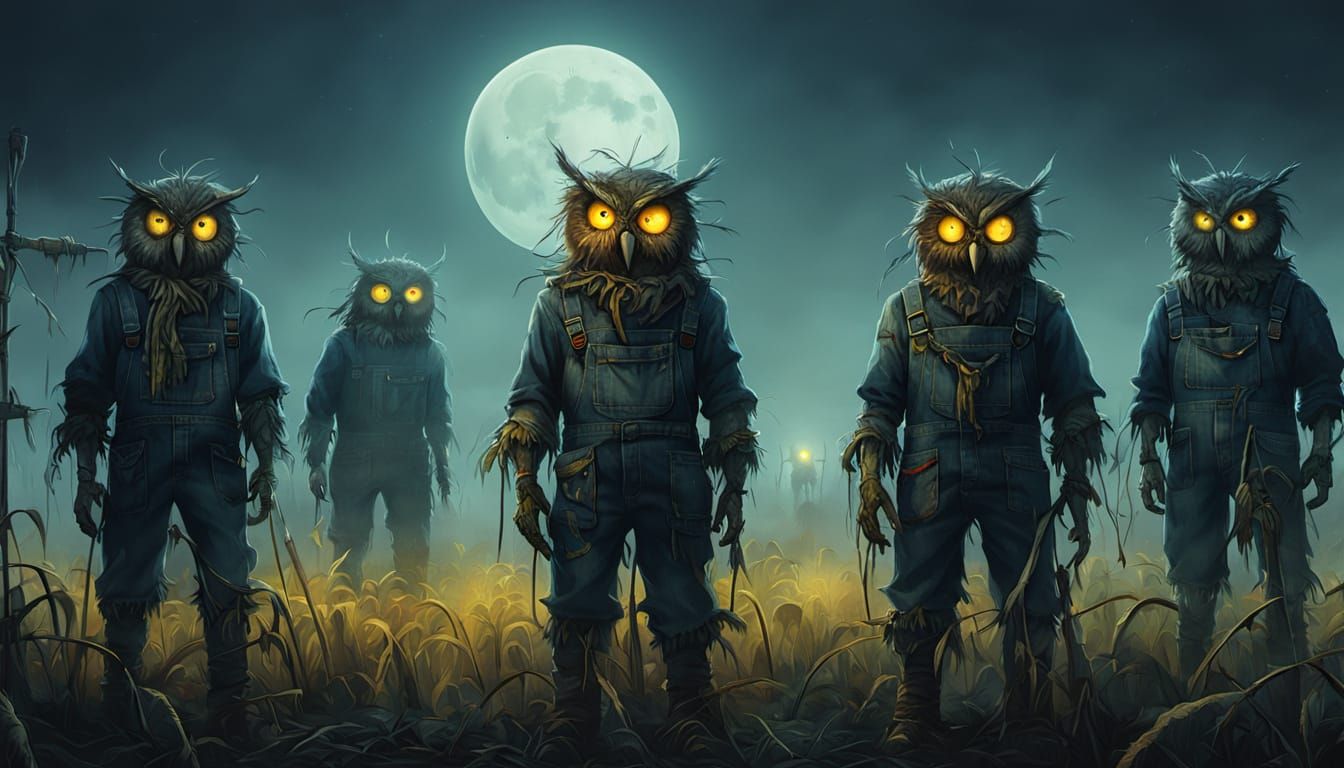 Owlish Scarecrows in Industrial Dark Fantasy Style