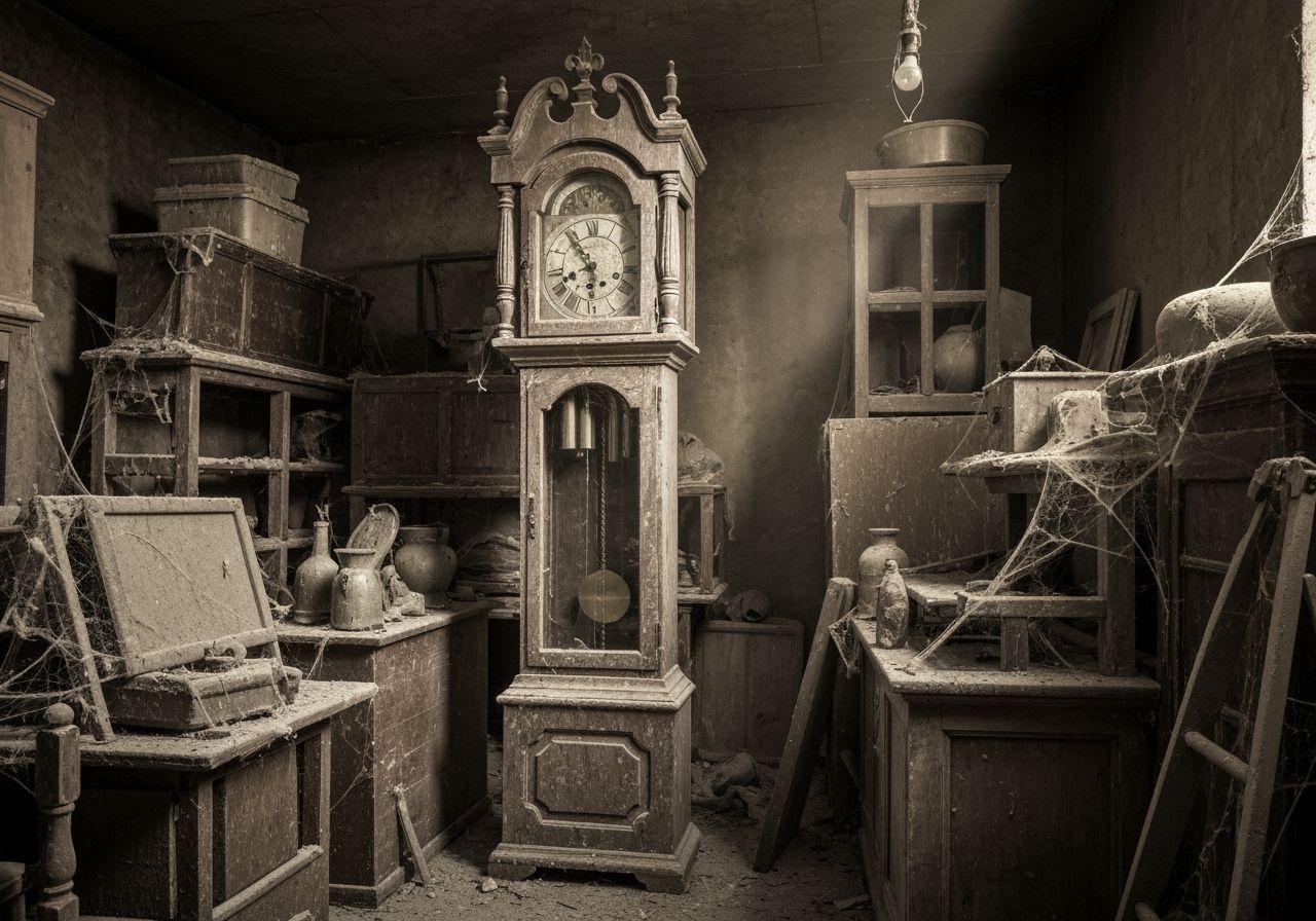 Grandfather Clock in Dusty Storage Room, Chiaroscuro Style