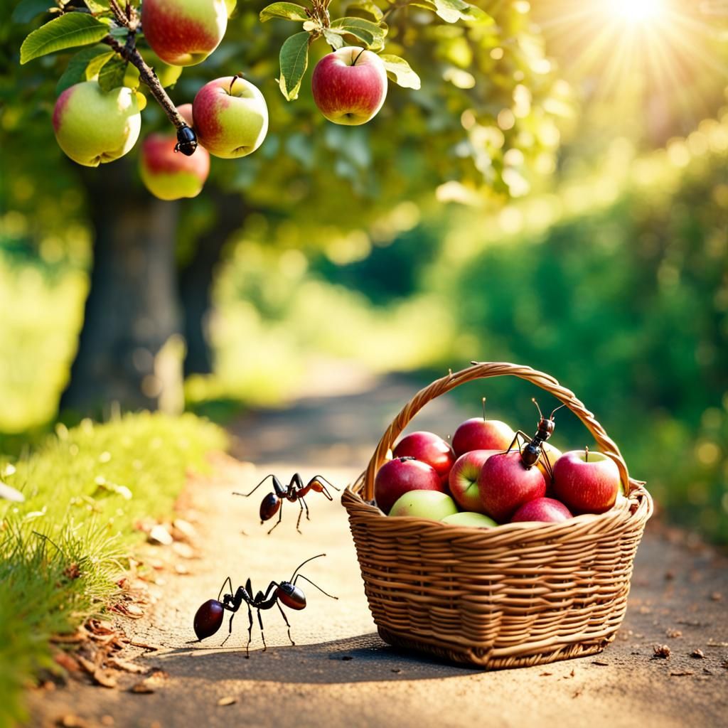 Ants Transport a Vibrant Apple Basket in a Sunny Orchard