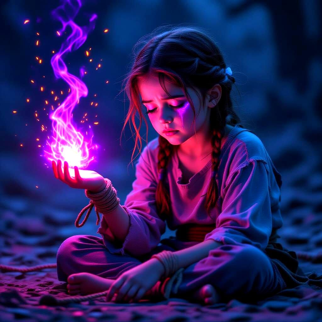 Sad Girl With Glowing Hands and Fiery Flower Magic