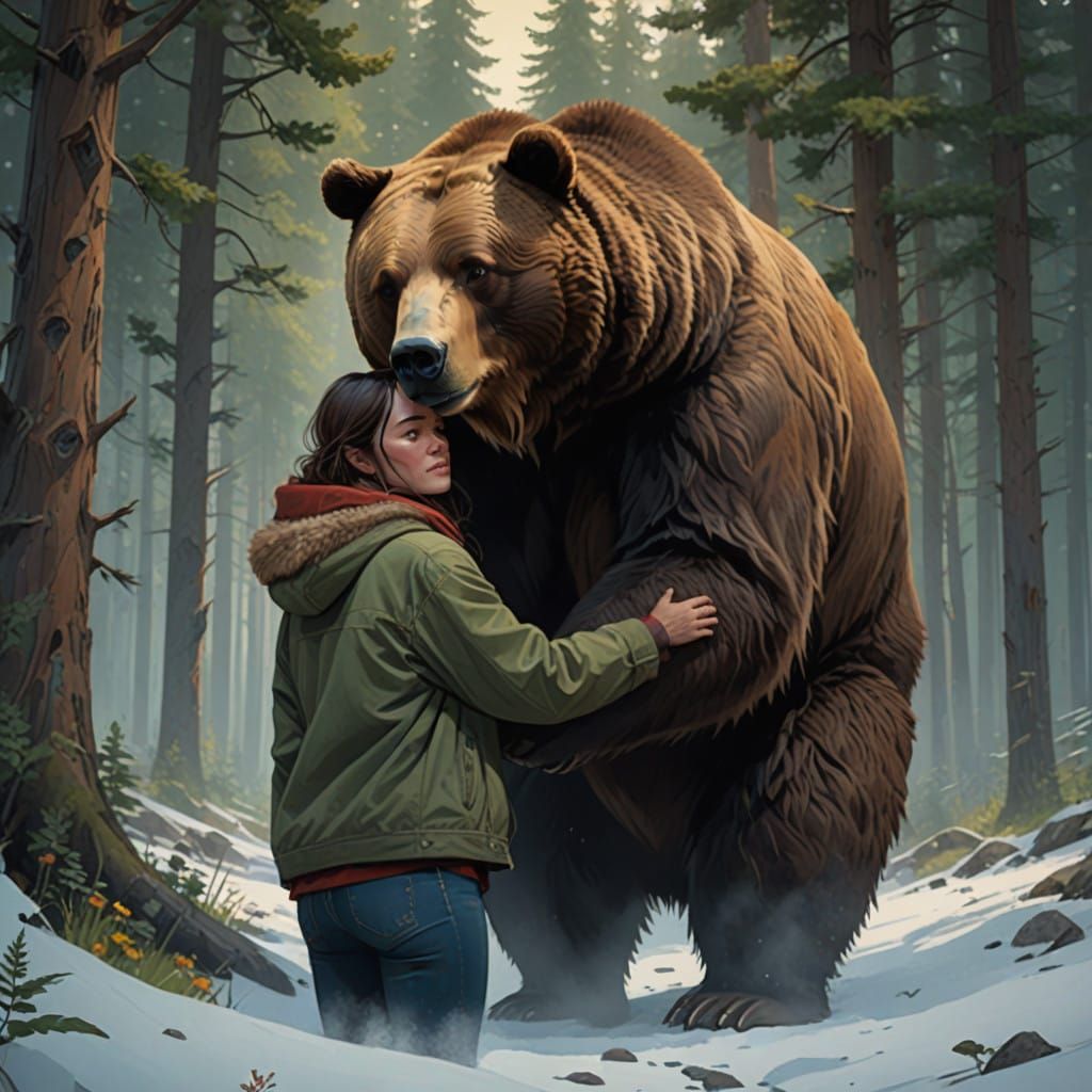 Emotive Bear Hug in a Vibrant Forest