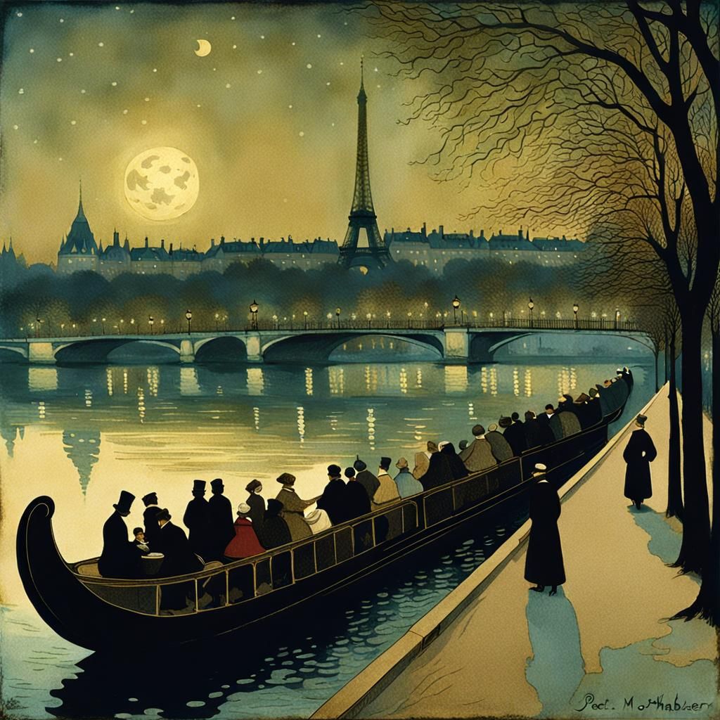 Guinguette Ball by the Seine River at Night in 1888 Style