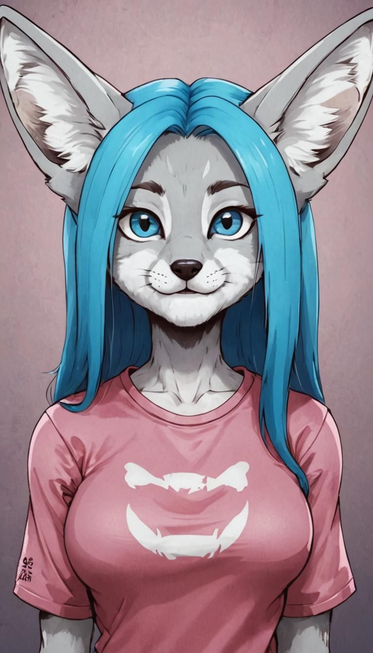 Anthropomorphic Gray Fox with Gorgeous Blue Eyes in Anime St...