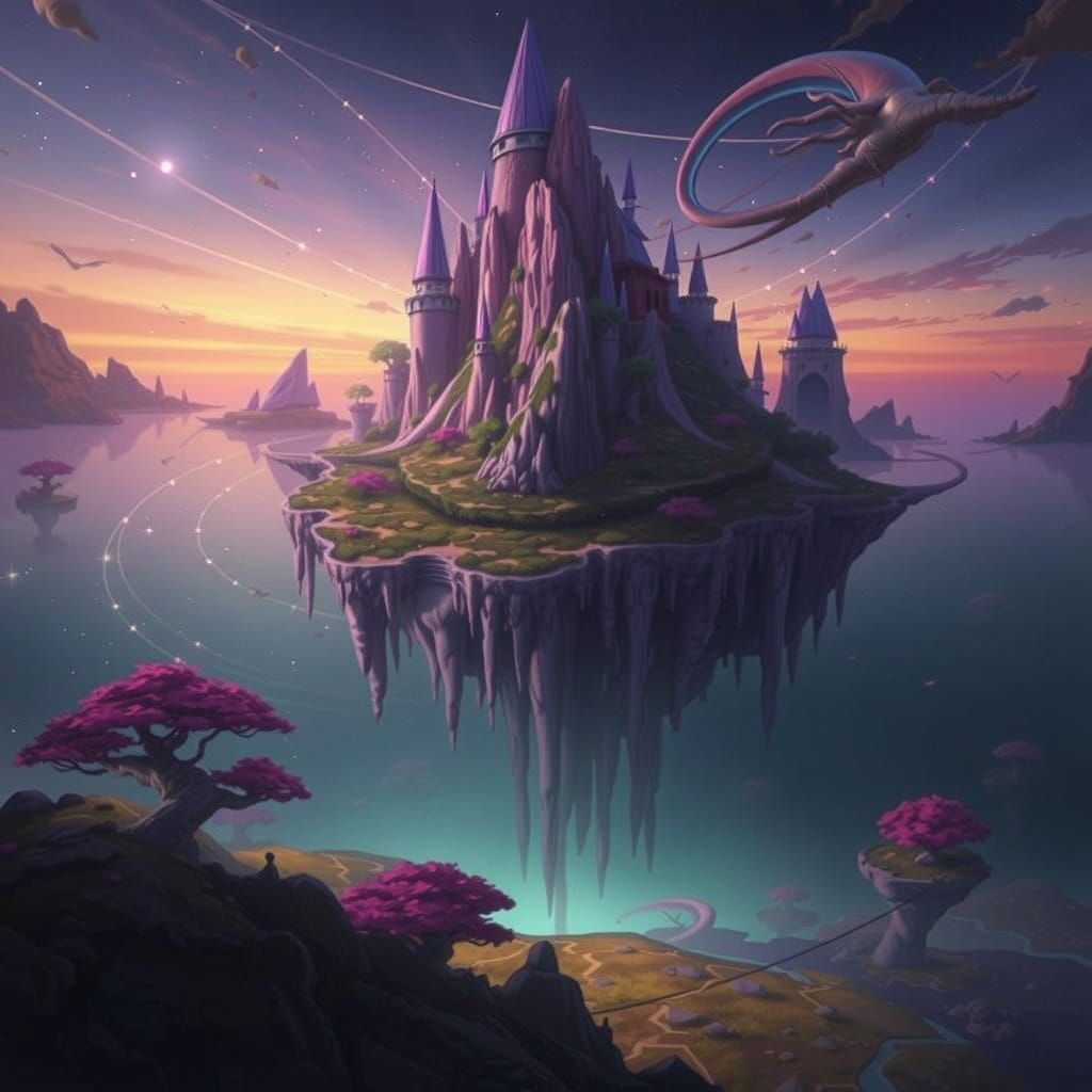 Surreal Sunset Dreamscape with Floating Islands and Glowing ...