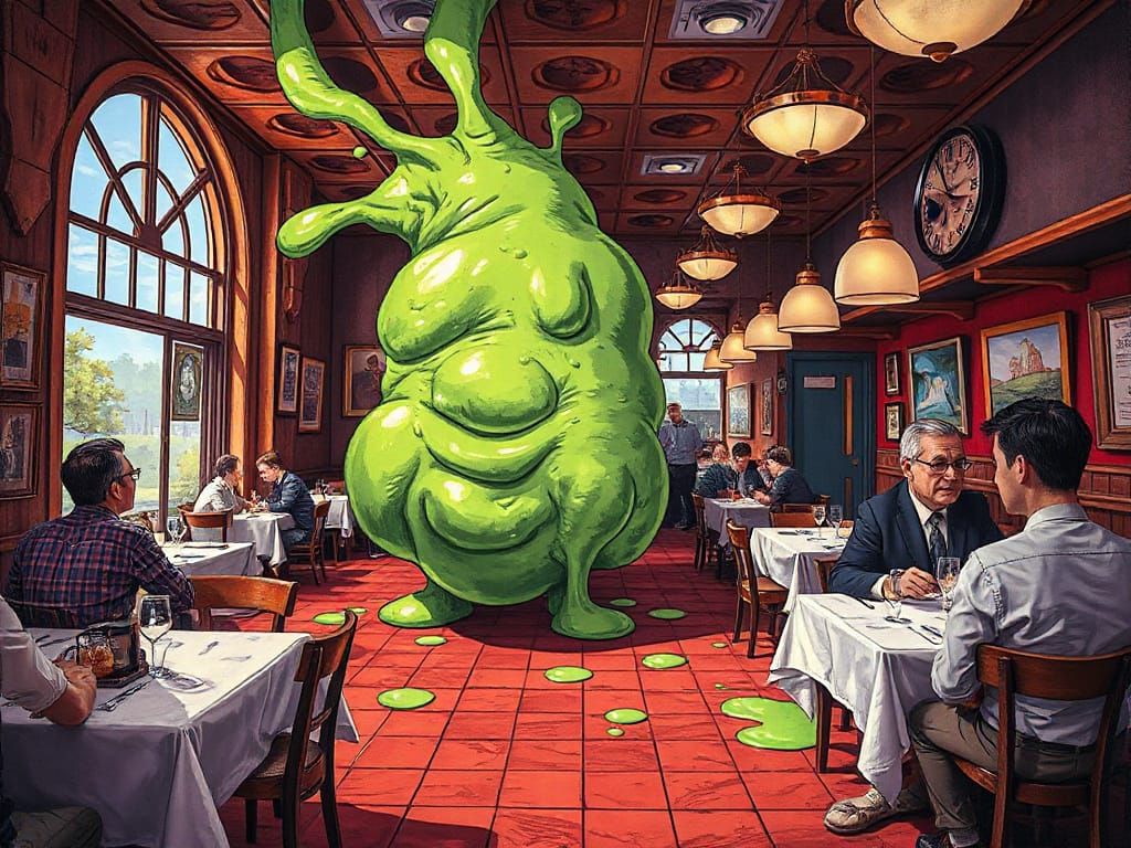 Humorous Green Slime Oozes Through Bustling Restaurant