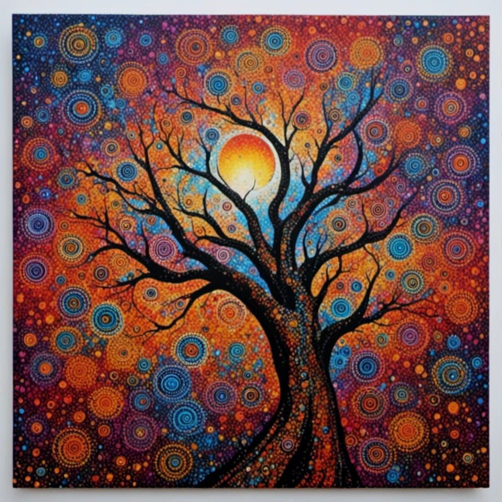 Ethereal Australian Landscape with Uluru, in Vibrant Dot Art...