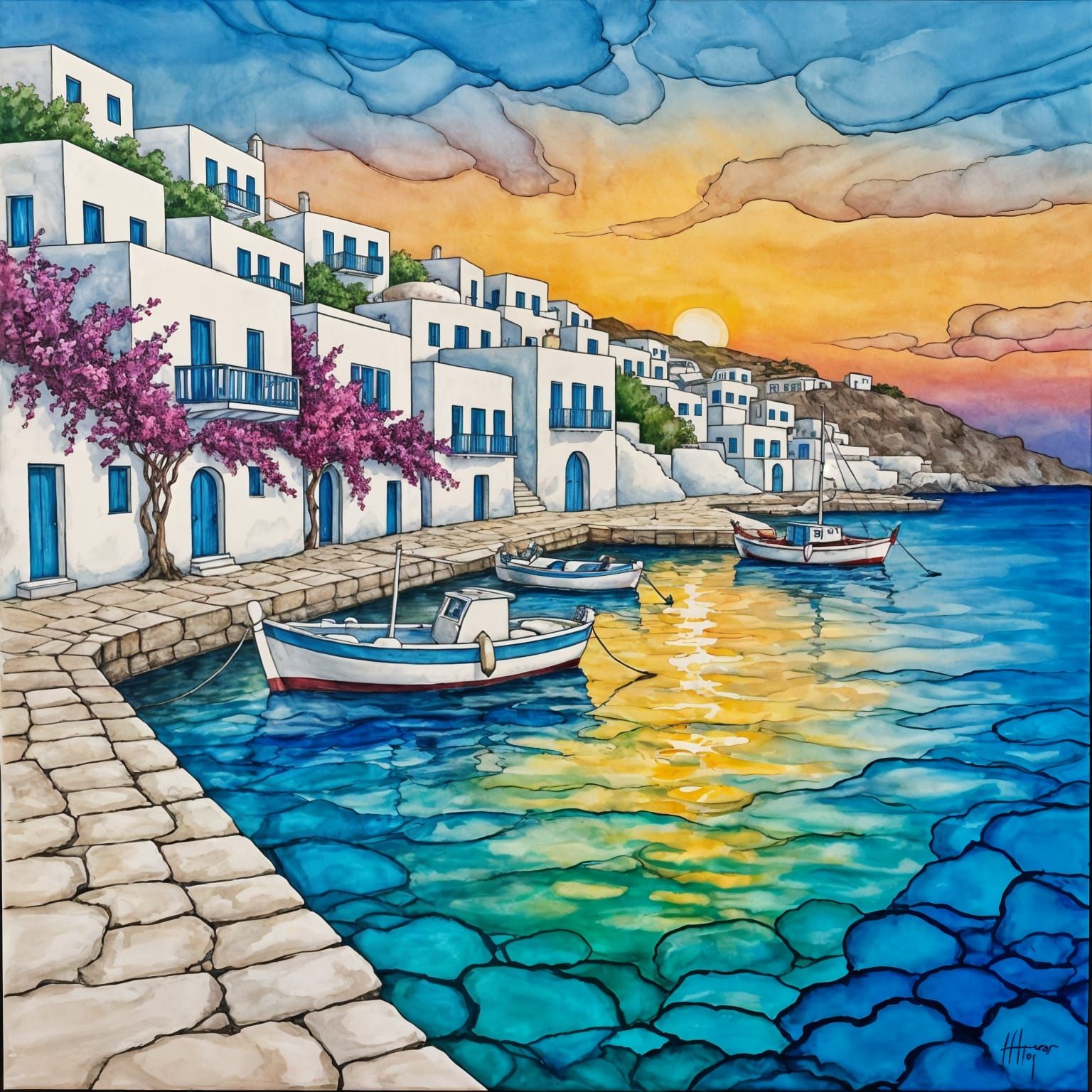 Greek Island Harbor Sunset in Alcohol Ink Style