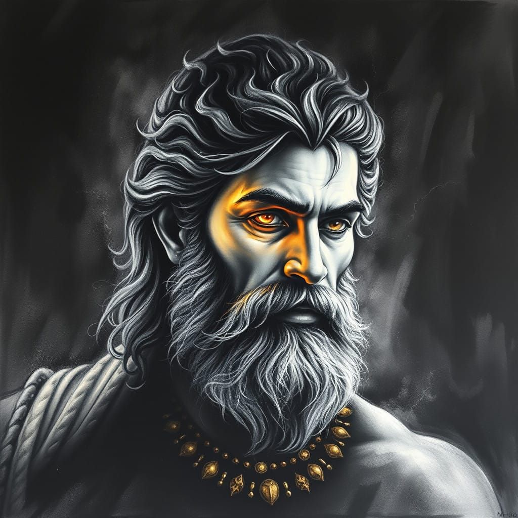 Vibrant Charcoal Portrait of a Godly Jupiter Figure