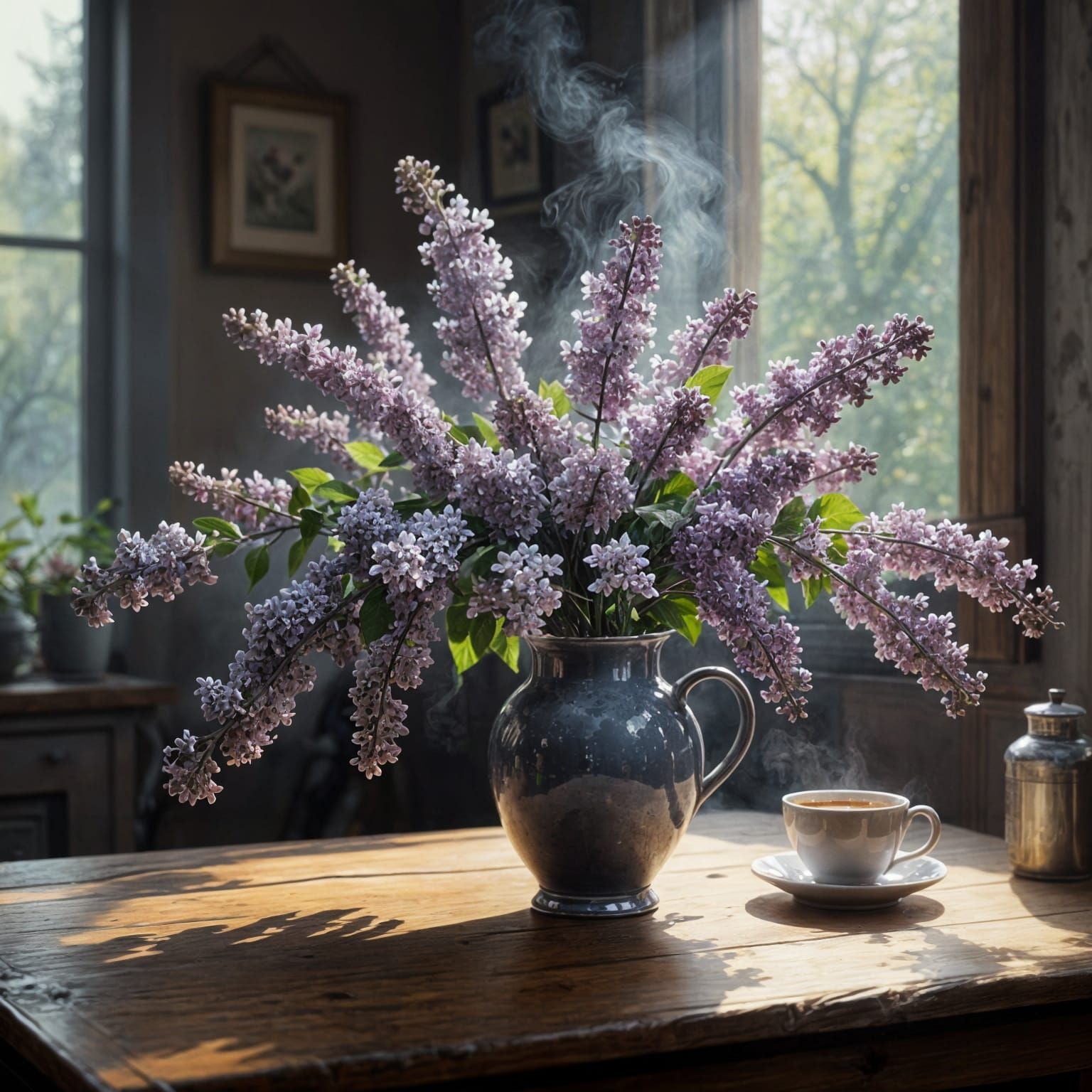 Lilac Blooms and Morning Coffee in Dreamy Watercolor