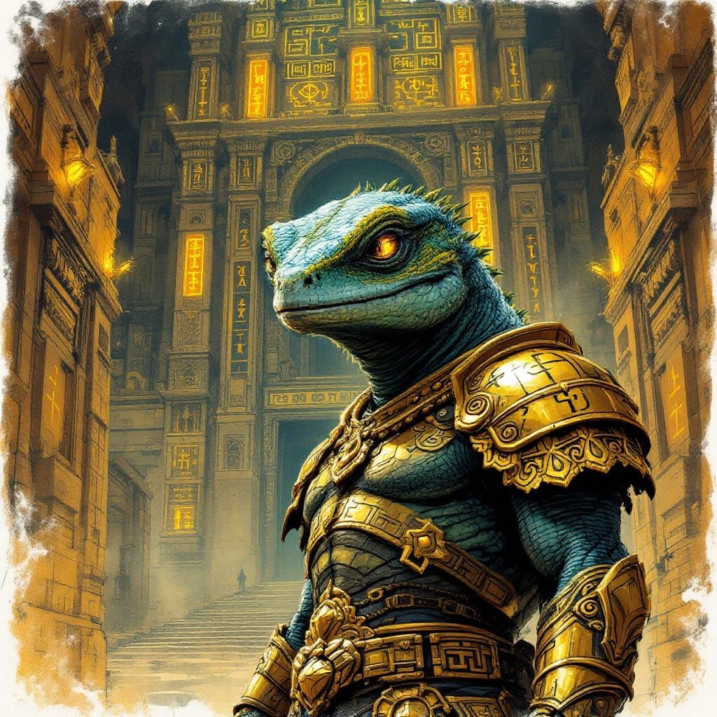 Regal Iguana Guardian Before Ancient Temple