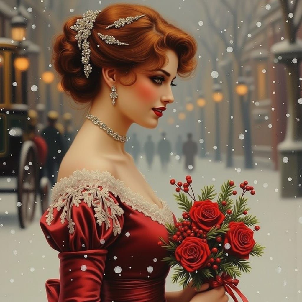 Victorian Woman in Snow with Roses and Roses