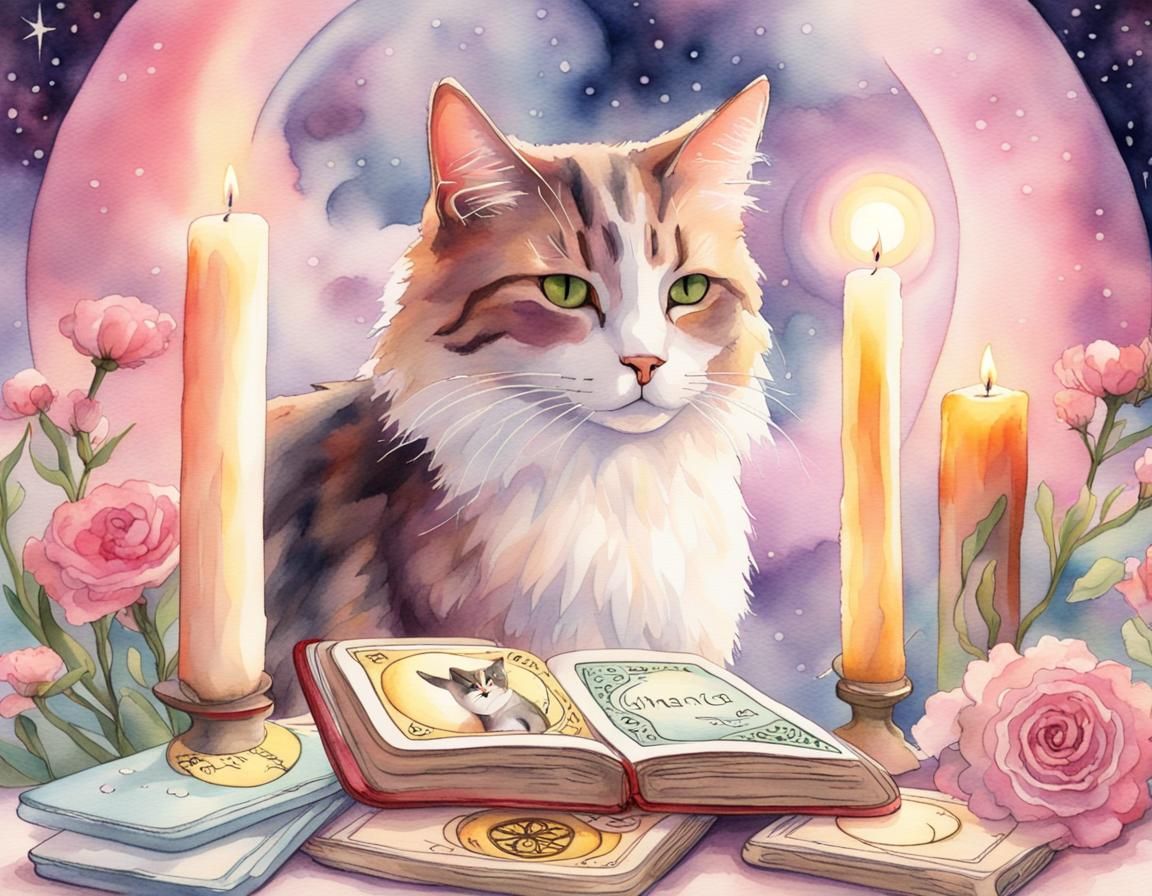 Whimsical Watercolor Mystic Cat Oracle