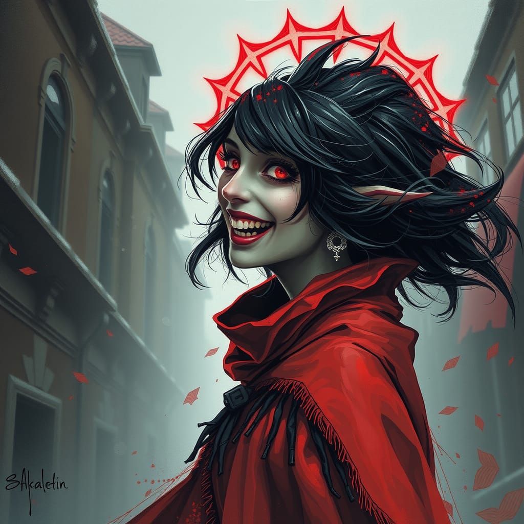 Malicious Sorceress Battles in a Haunted Cityscape