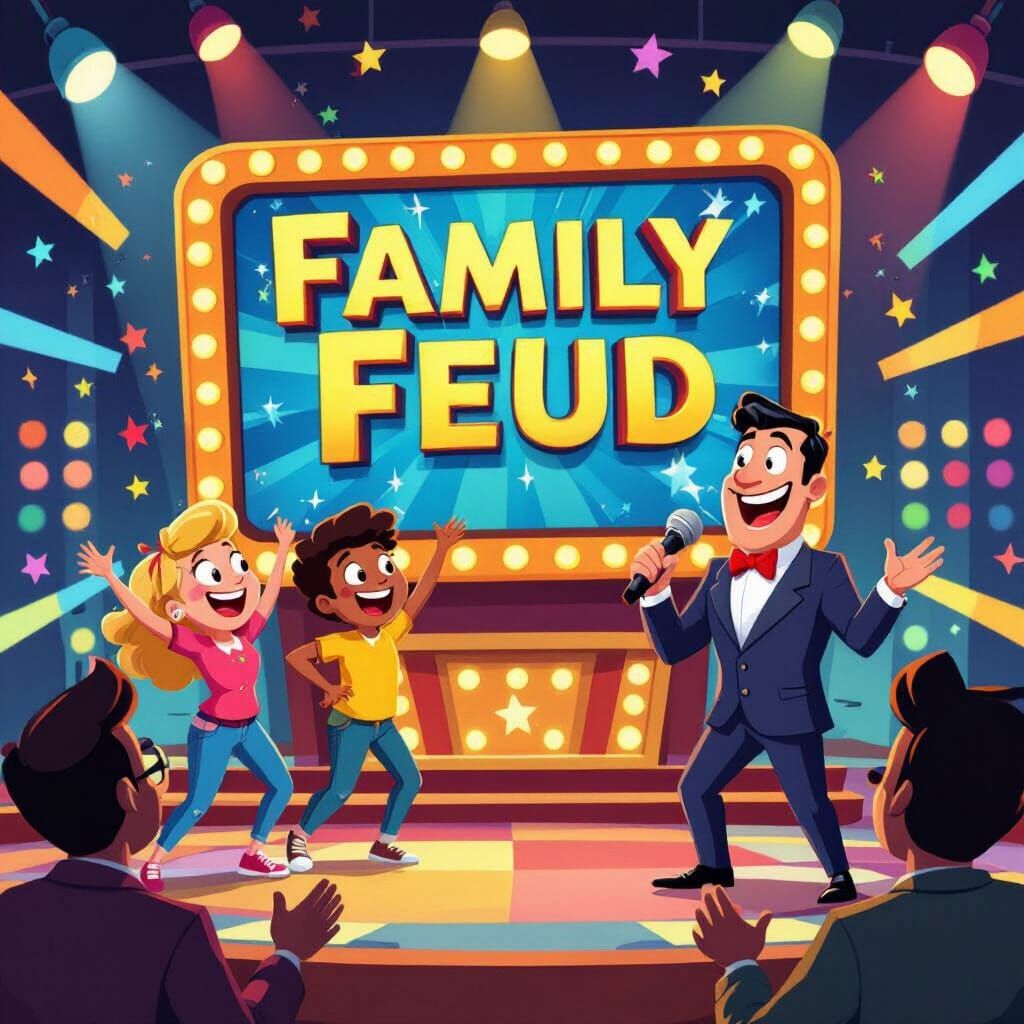 Vibrant Cartoon Game Show Stage with 'Family Feud'