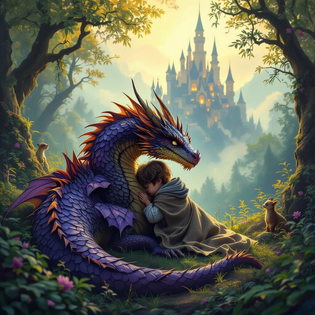 Child and Dragon in Mystical Forest, Fantasy Art