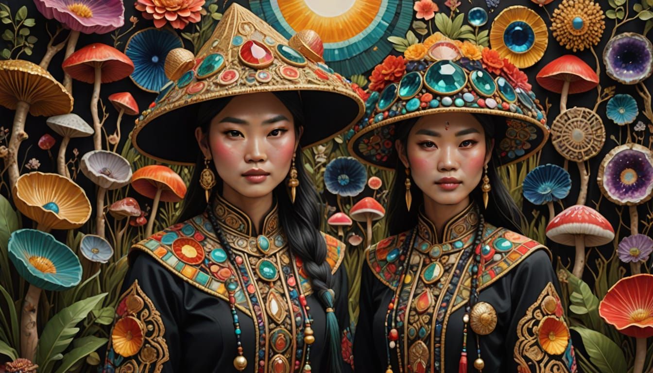 Vibrant Hmong Shaman Geode Portraits in Folk Art Style