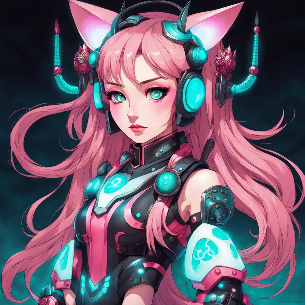 Glowing Cat Robot Lady in Fierce Armor