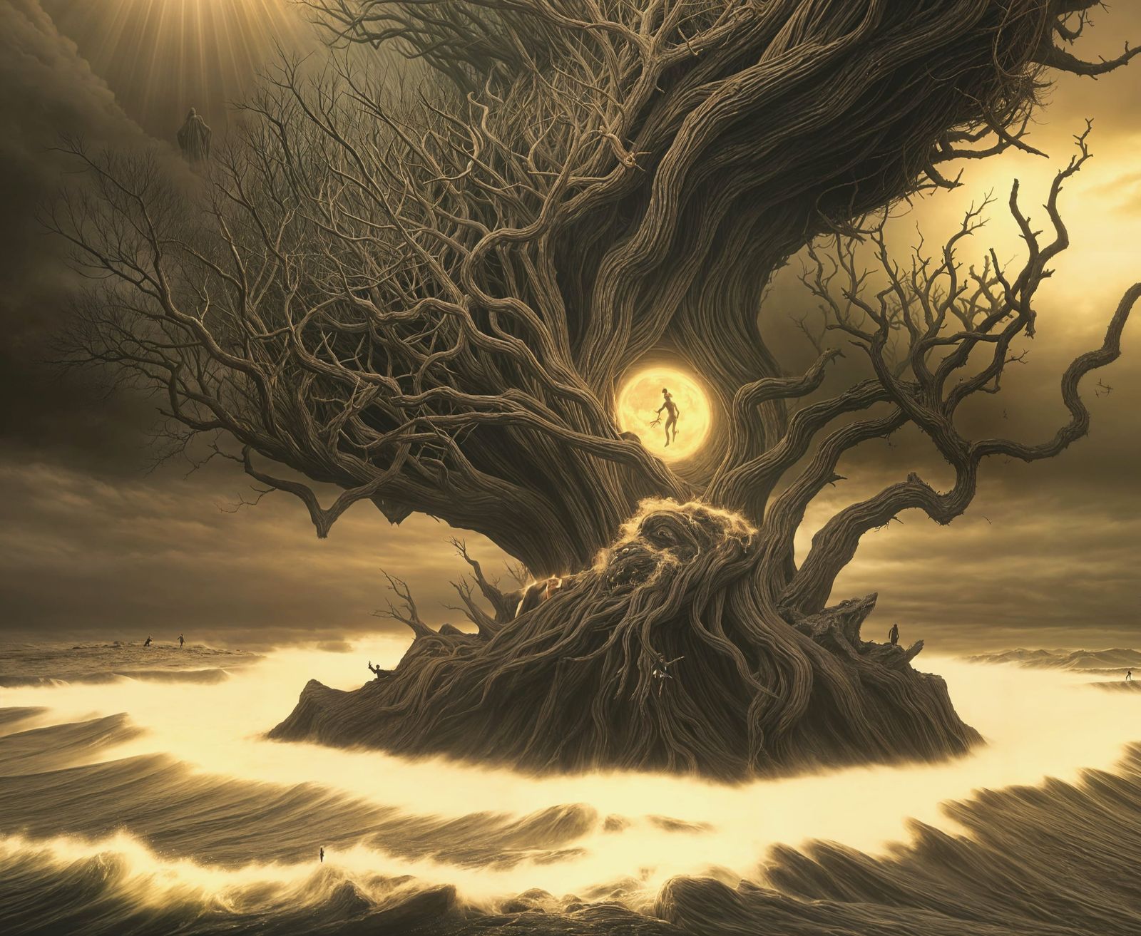 Surrealist Figure Stands at the Edge of a Haunting, Stormy S...