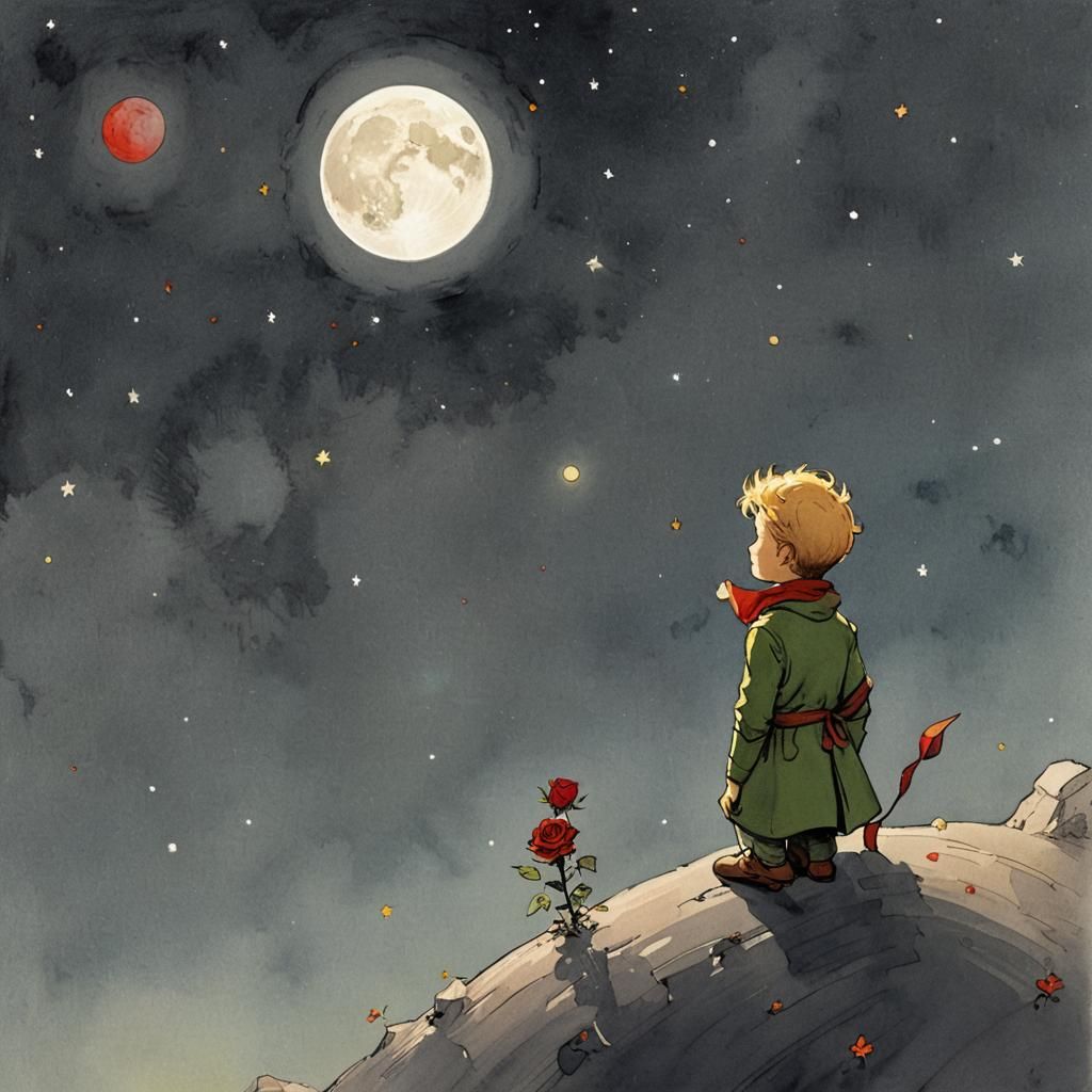 The Little Prince Contemplates the Moonlit Rose