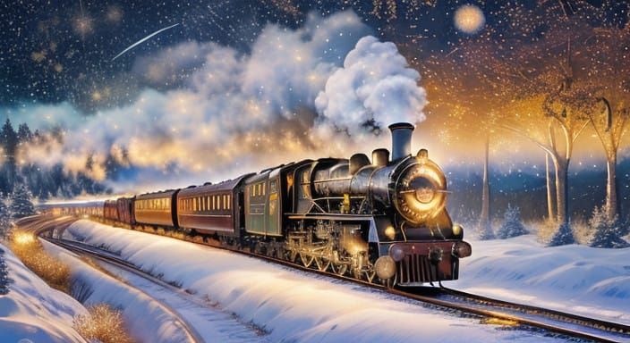 Majestic Steam Train Glides Through Celestial Nighttime Land...
