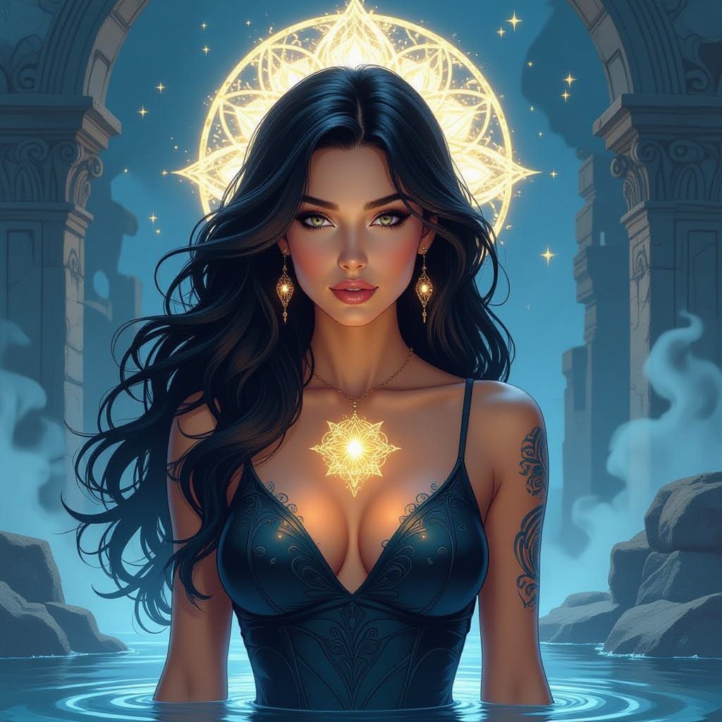 Serene Woman With Celestial Ink Amidst Mystical Ruins